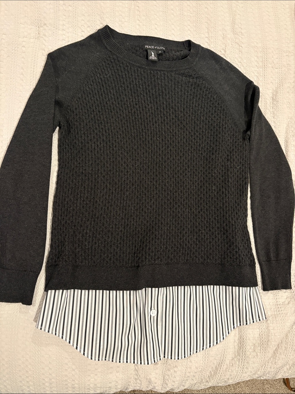 Peace of Cloth Black Layered Crewneck Sweater with Striped Hem